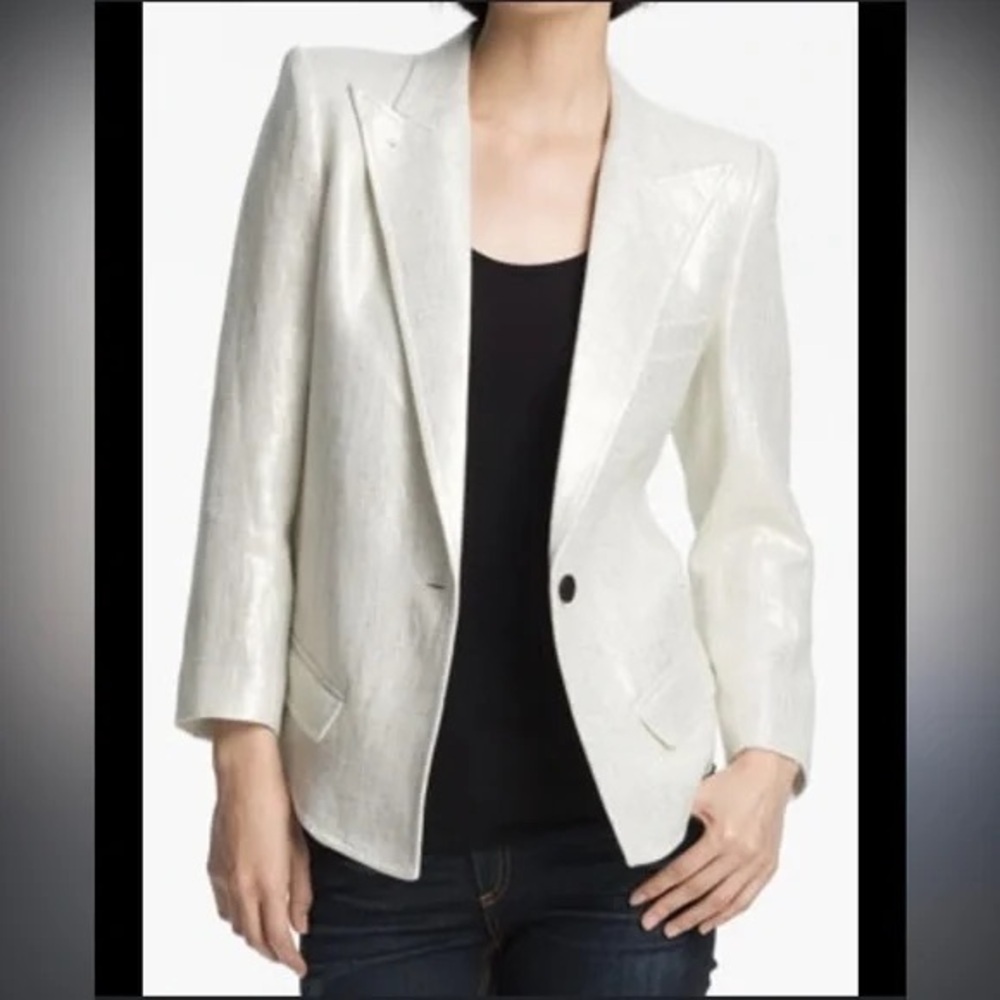 Smythe Metallic Linen One Button Ivory Blazer Sz 4